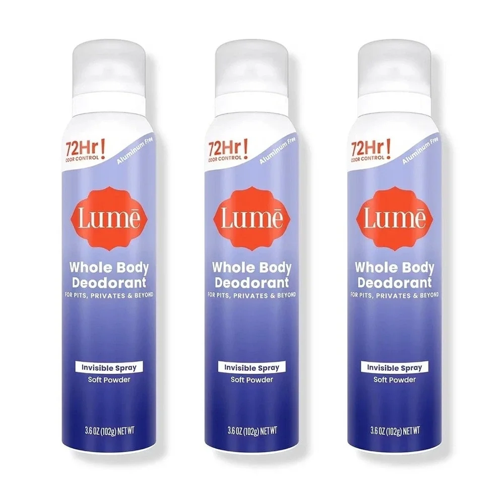 Lume 3 Pack Whole Body Deodorant Invisible Spray Soft Powder 3.6oz Aluminum Free